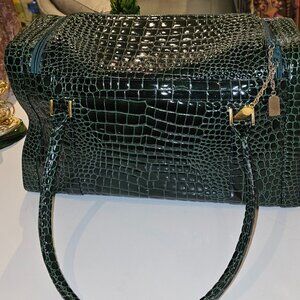 Vintage Dark Green Croc Embossed Travel Bag- Gold Hardware